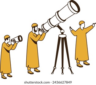Father and sons observing the crescent moon together concept, Cultural moon sighting vector Design, Ramazan and Eid al-Fitr Symbol, Islamic and Muslims fasting Sign Arabic holidays celebration stock