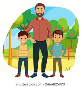 Padre con hijos en el parque. Arte conceptual para el Día del Padre. Ilustración vectorial plana en estilo de dibujos animados.