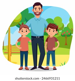 Padre con hijos en el parque. Arte conceptual para el Día del Padre. Ilustración vectorial plana en estilo de dibujos animados.