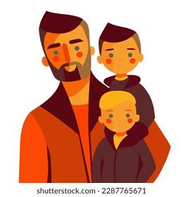 Father and sons. Stylish vector illustration in modern flat style. Cartoon picture. On a white background for postcard Father Day