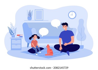 Father Speaking With Daughter Sitting On Floor In Cozy Living Room. Parent And Child Playing With Cat Flat Vector Illustration. Family Relationship Concept For Banner, Website Design, Landing Web Page