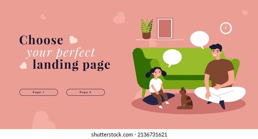 Father speaking with daughter sitting on floor in cozy living room. Parent and child playing with cat flat vector illustration. Family relationship concept for banner, website design, landing web page