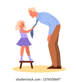 Father spend time with child vector illustration. Man with little girl. Parent and kid happy together. Isolated vector illustration in cartoon style
