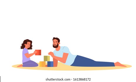 Father spend time with child vector illustration. Man play with daughter at home. Parent and kid happy together. Indoor activity with kid. Isolated vector illustration in cartoon style