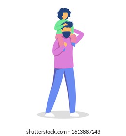 Father spend time with child vector illustration. Man holding his daughter on shoulders. Parent and kid happy together. Isolated vector illustration in cartoon style