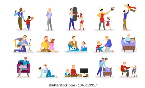 Father spend time with children set. Man play with son and daughter. Parent and kid happy together. Outdoor activity. Dad and boy training. Isolated vector illustration in cartoon style