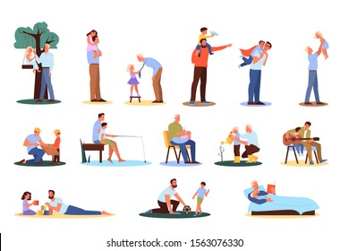 Father spend time with children set. Man play with son and daughter. Parent and kid happy together. Outdoor activity with kids. Isolated vector illustration in cartoon style