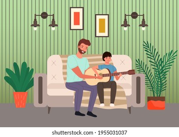 Father spend time with his child and teaches to play guitar. Musicians make music together