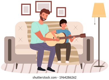 Father spend time with his child. Dad teaches his son how to play guitar. Parent and kid happy together at home. Musician teaches child to make music. Guitar and music lesson vector illustration