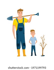 Father spend time with son. Dad and son to plant a tree, happy family concept. Fatherhood flat cartoon vector illustration. Outdoor activit