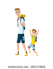 Vater verbringt Zeit mit Sohn. Papa und Sohn gehen wandern mit Rucksäcken, fröhliches Familienkonzept. Vaterschaft flach Cartoon Vektorgrafik. Außenaktivitäten