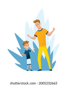 Father spend time with son. Dad and son happy family concept. Fatherhood flat cartoon vector illustration. Outdoor activity