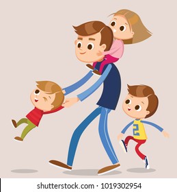 Father spending quality time with kids playing active games. Daddy having fun with sons, carry daughter on shoulders.