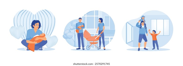 Father spending time with his children. Paternal and maternal leave.Father playing with his children at home. Family lifestyle activity concept. Set flat vector illustration.