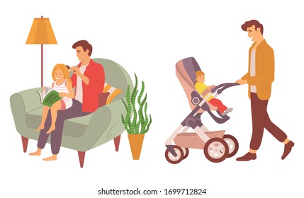 Father spending time with kid vector, daddy brushing daughters hair, male caring for son sitting in perambulator, man in armchair by lamp light isolated