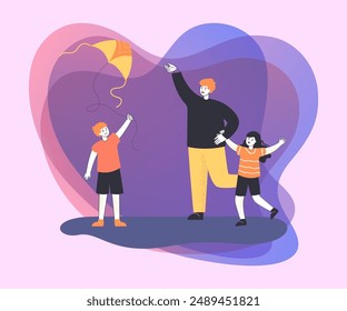 Father spending weekend with children. Father and kids flying kite flat vector illustration. Active lifestyle, outdoor activities, family, parenthood concept