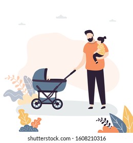 Father spends time with children. Family activities concept. Handsome Daddy with baby stroller and daughter on hand. Funny tiny people outdoor. Trendy style vector illustration