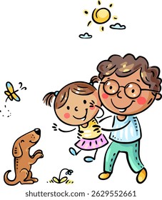 The father spends time with his daughter walking outside. Happy family with dog walking outdoors. Cartoon clipart