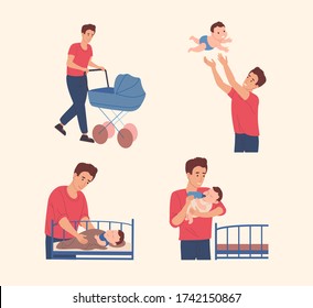 Father Spends Time With His Son. Vector Illustration In A Flat Style.  Dad Takes Care Of The Baby: He Walk With A Child, Feeds Him From The Bottle And Puts Him In Bed