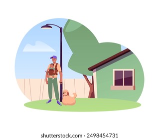 Father standing with baby in a carrier and a fluffy dog in a suburban yard. Vector illustration depicting family time, outdoor activity, and pet companionship.