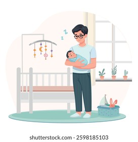 father is standing at the baby crib and holding his baby cartoon vector style flat design	