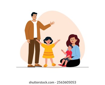 the father is standing with his daughter, while the mother is holding her toddler son.
design, vector, illustration