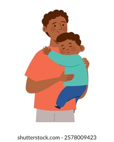 A father standing and holding his young son affectionately in cartoon style