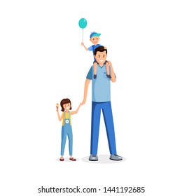 Father standing with kids flat vector illustration. Babysitter, young parent celebrating family holiday with children cartoon characters. Man holding happy daughter hand, carrying son on shoulders
