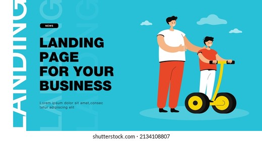 Father standing next to son riding modern vehicle. Man helping boy with electric vehicle flat vector illustration. Family, parenting, leisure, technology concept for banner, website design or landing