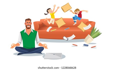 Father in a state of stress with playing children. Home stress concept with cartoon characters isolated white background. Vector illuctration of parent and children at living room.