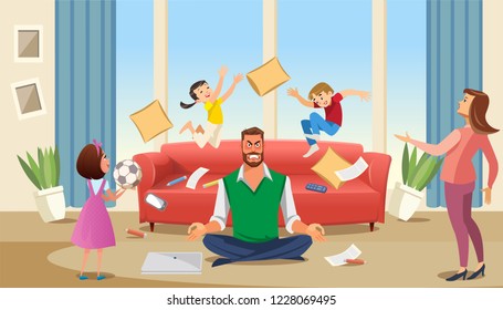 Father in a state of stress with playing children. Home stress concept with cartoon characters. Vector illuctration of parent and children at living room modern interior.