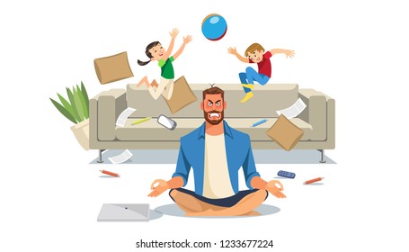Father in a state of stress with playing children. Home stress concept with cartoon characters. Vector illuctration of parent and children at living room modern interior.