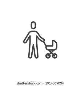 Father with stroller line icon. linear style sign for mobile concept and web design. Man and baby carriage outline vector icon. Symbol, logo illustration. Vector graphics