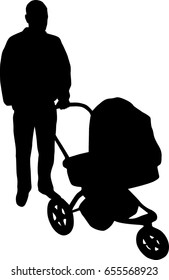 Father with a stroller silhouette vector, 