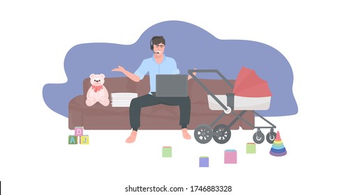 father with stroller using laptop working during coronavirus pandemic quarantine stay home self-isolation concept isolated full length horizontal vector illustration
