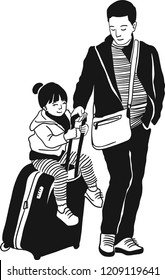The father is strolling the baggage while he's little daughter is riding on it.