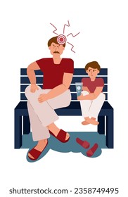 The father suffers from a headache. Sad son offers dad water with painkillers. Caring for loved ones. Vector illustration