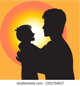 Father and Sun  silhouette  on sunset background  vector illustration holding sun  family talk