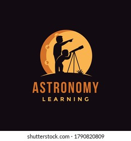 Father and sun using telescope vector illustration, astronomy learning logo icon vector on black background