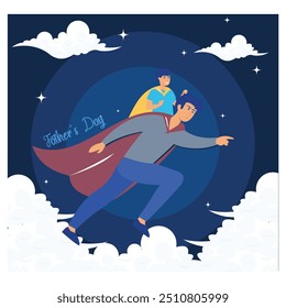 Father in superhero costume carries his son on his shoulders. Happy Father's Day greeting card. flat vector modern illustration 