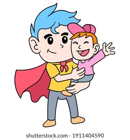 a father in a superhero costume with his happy child, kawaii doodle drawing. vector illustration art