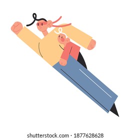Father superhero flying and reaching goal carrying small baby