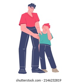 Father supporting and comforting his teen child, flat vector illustration isolated on white background. Good parent helps the child overcome difficulties and psychological stress.