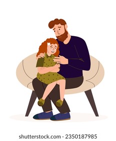 Padre apoyando a su hija llorosa, concepto de cuidado. Papá reconforta a una chica triste y deprimida. Padre solidario empático ayuda a su hijo adolescente en dificultades. Ilustración vectorial plana aislada, backgroun blanco