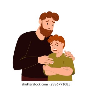 Father supporting his crying son,care concept.Dad comforting depressed,sad boy.Supportive empathic parent helping his teenager child in difficulty.Flat vector illustration isolated on white background