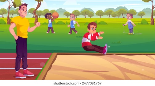 Padre hijo de apoyo haciendo salto de longitud. Ilustración de dibujos animados de Vector de papá feliz orgulloso de niño activo durante el entrenamiento deportivo, familia disfrutando de la actividad al aire libre juntos, niños jugando en el parque de verano