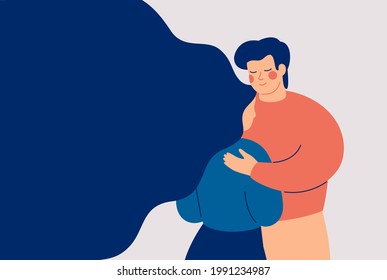 Father supports her daughter in a difficult time. Man gives empathy for her sad friend. Boyfriend calms his girl who is in depression. Mental health and care concept. Vector illustration. 