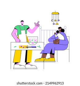 Father supports mother abstract concept vector illustration. Dad helping with housework, maternal support, breastfeeding, holding hands, fathers day, tired mom, parents hug abstract metaphor.