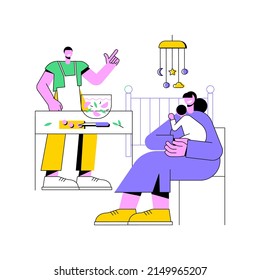 Father supports mother abstract concept vector illustration. Dad helping with housework, maternal support, breastfeeding, holding hands, fathers day, tired mom, parents hug abstract metaphor.