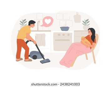 Father supports mother isolated concept vector illustration. Dad helping with housework, maternal support, breastfeeding, holding hands, fathers day, tired mom, parents hug vector concept.